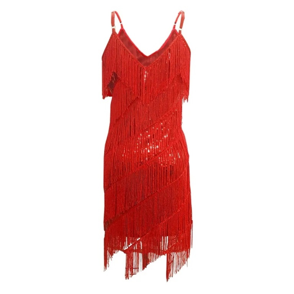 Anna-Kaci Asymmetrical Red Fringe Dress - Picture 3 of 5